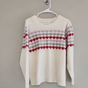 Maurices Cream Crewneck Sweater with Red & Lavender Heart Pattern